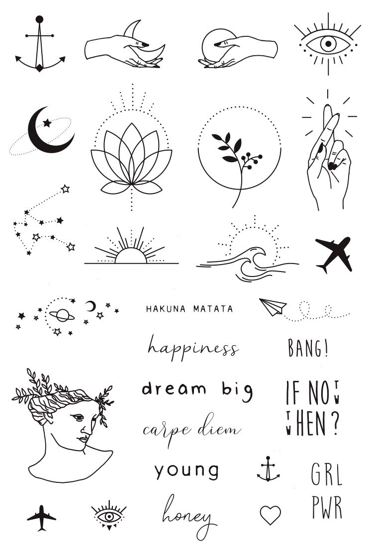 Tatsy Temporary Tattoo Set By Tatsy, The Simple Set, For Women and Men, Original, Unique Design, Cover Up, Modern, Hipster, Minimalistic Tiny, Urban, Writing, Stars, Anchor, Heart, Hands, Waterproof Tattoos - Image 1